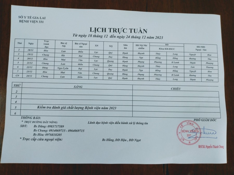 Lịch trực Bệnh viện 331 từ ngày 18/12 đến ngày 24/12 năm. 2023