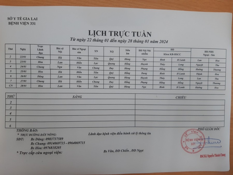 Lịch trực Bệnh viện 331 từ ngày 22/01 đến ngày 28/01 năm 2024