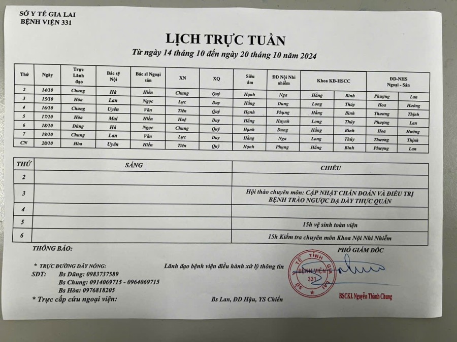 Lịch trực Bệnh viện 331 từ ngày 14/10 đến ngày 20/10 năm 2024