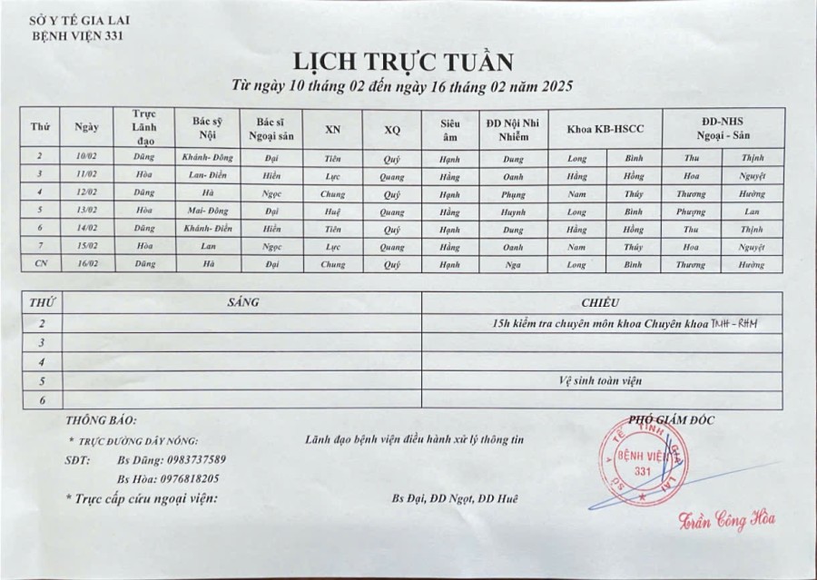 Lịch trực Bệnh viện 331 từ ngày 10/02 đến ngày 16/02 năm 2025