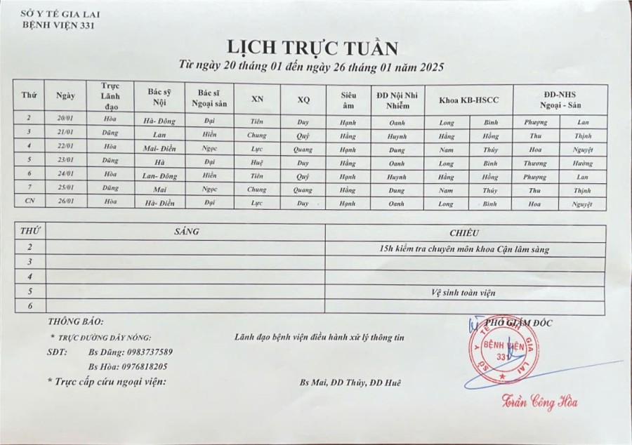 Lịch trực Bệnh viện 331 từ ngày 20/01 đến ngày 26/01 năm 2025