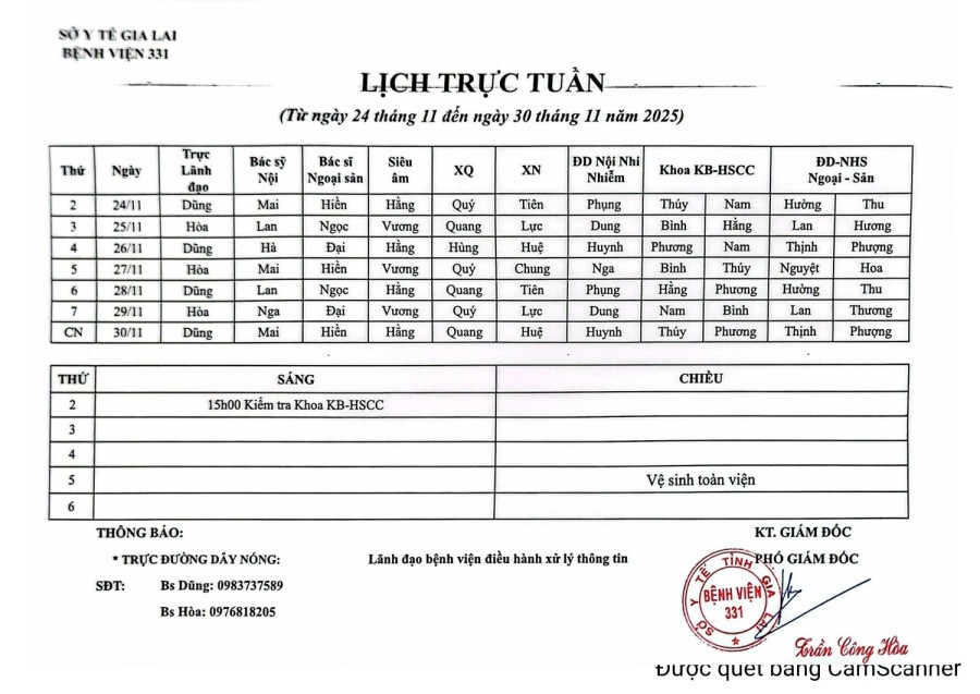 Lịch trực Bệnh viện 331 từ ngày 24/11 đến ngày 30/11/2025