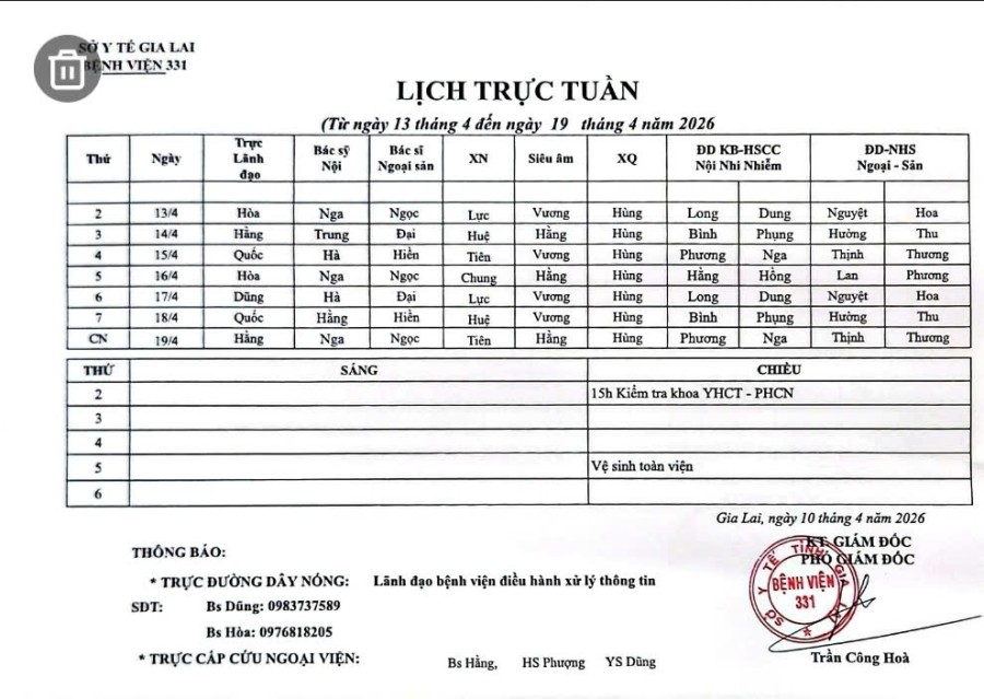Lịch trực Bệnh viện 331 từ ngày 13/04 đến ngày  19/04//2026