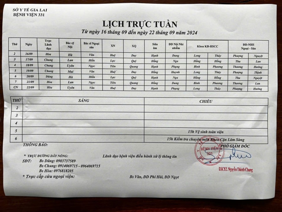 Lịch trực Bệnh viện 331 từ ngày 16/09 đến ngày 22/09 năm 2024