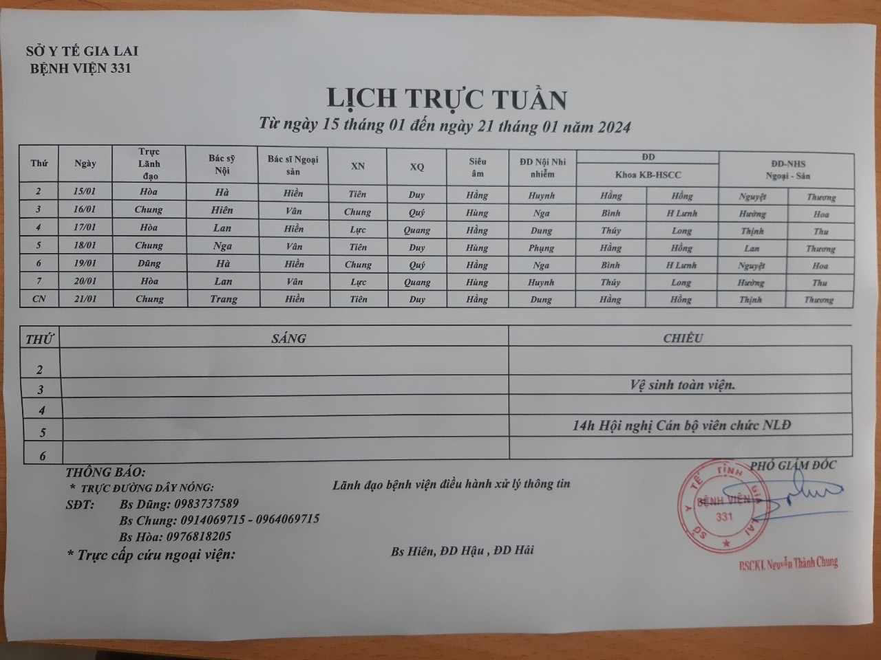 Lịch trực Bệnh viện 331 từ ngày 15/01 đến ngày 21/01 năm 2024