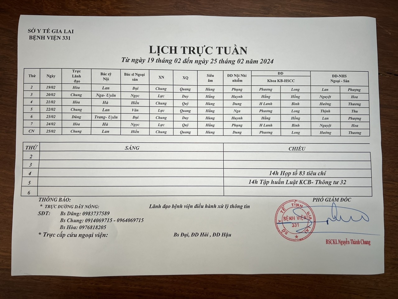 Lịch trực Bệnh viện 331 từ ngày 19/02 đến ngày 25/02 năm 2024