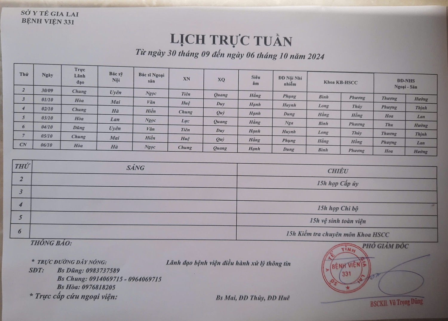 Lịch trực Bệnh viện 331 từ ngày 30/09 đến ngày 06/10 năm 2024