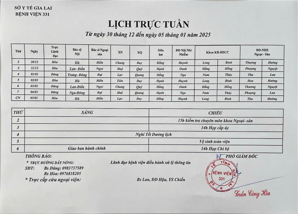 Lịch trực Bệnh viện 331 từ ngày 14/10 đến ngày 20/10 năm 2024