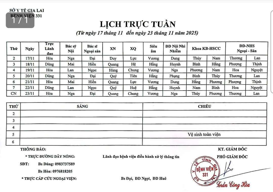 Lịch trực Bệnh viện 331 từ ngày 17/11 đến ngày 23/11/2025