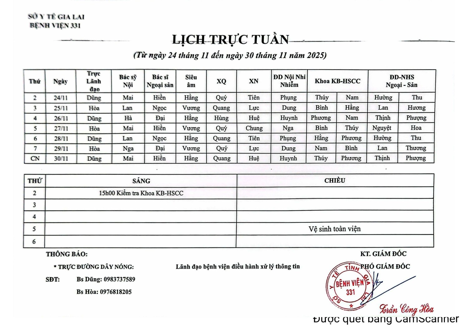Lịch trực Bệnh viện 331 từ ngày 24/11 đến ngày 30/11/2025