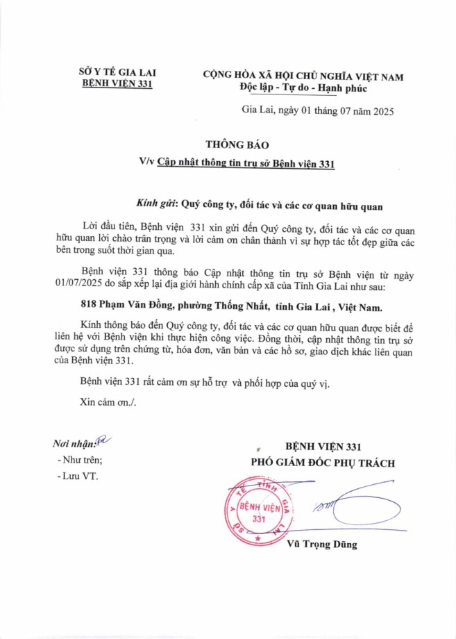 Về việc : Cập nhập thông tin Bệnh viện 331