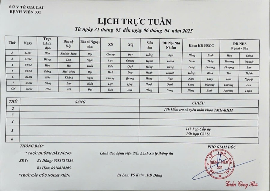 Lịch trực Bệnh viện 331 từ ngày 31/03 đến ngày 06/04/2025
