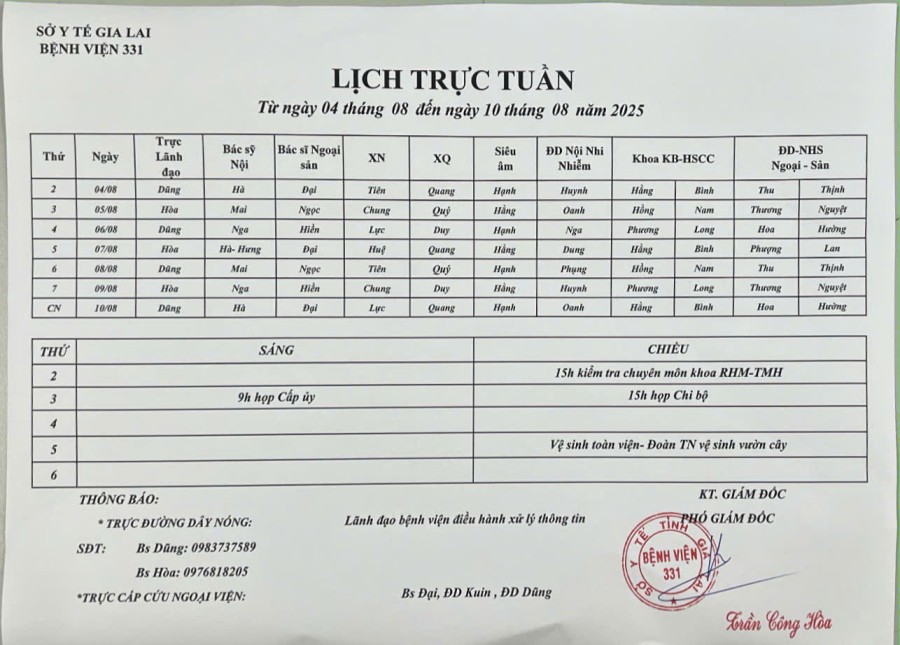 Lịch trực Bệnh viện 331 từ ngày 04/08 đến ngày 10/08/2025