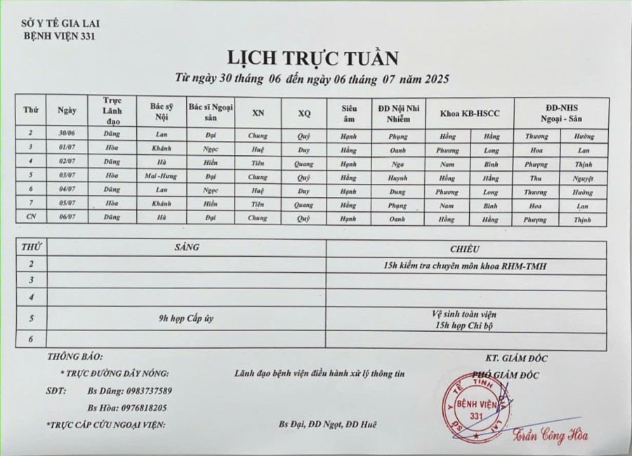 Lịch trực Bệnh viện 331 từ ngày 30/06 đến ngày 06/07/2025