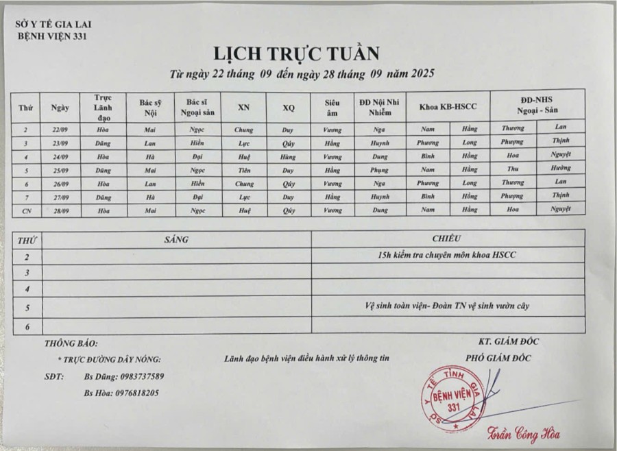 Lịch trực Bệnh viện 331 từ ngày 22/09 đến ngày 28/09/2025