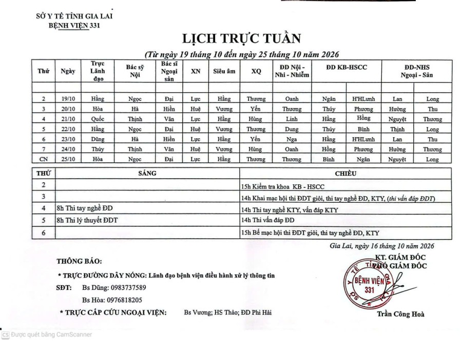 Lịch trực Bệnh viện 331 từ ngày 19/10 đến ngày 25/10/2026