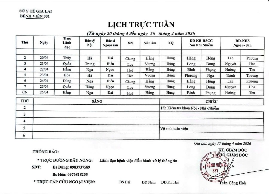 Lịch trực Bệnh viện 331 từ ngày 20/04 đến ngày 26/04/2026