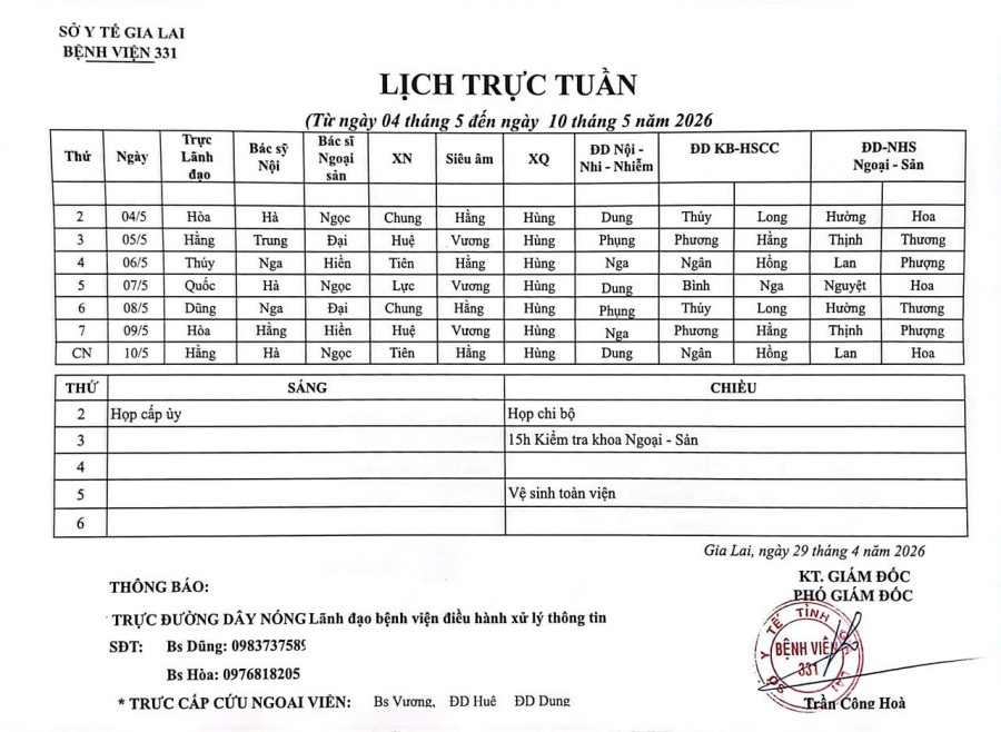 Lịch trực Bệnh viện 331 từ ngày 04/05 đến ngày  10/05//2026