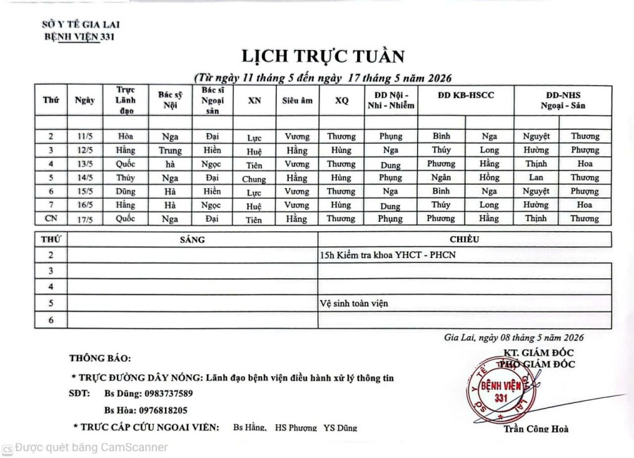 Lịch trực Bệnh viện 331 từ ngày 11/05 đến ngày  17/05//2026