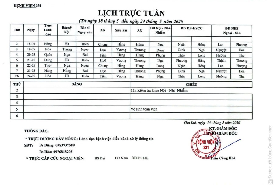 Lịch trực Bệnh viện 331 từ ngày 18/05 đến ngày  24/05//2026
