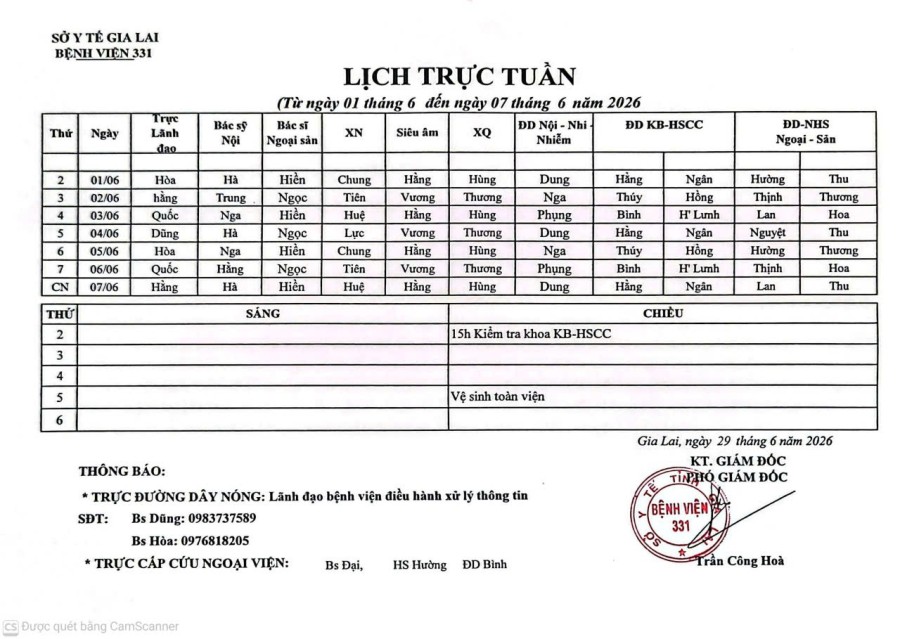 Lịch trực Bệnh viện 331 từ ngày 01/06 đến ngày  07/06//2026