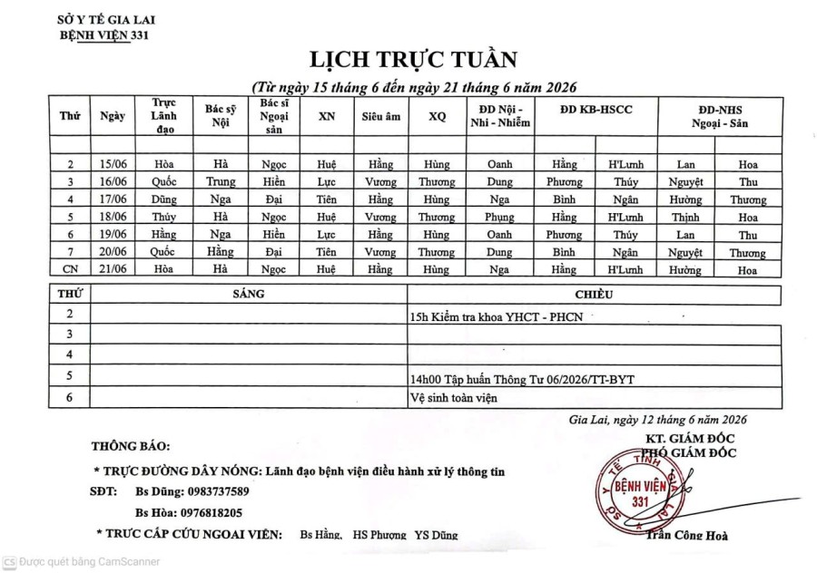 Lịch trực Bệnh viện 331 từ ngày 15/06 đến ngày  21/06//2026
