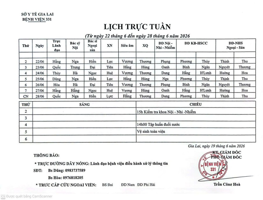 Lịch trực Bệnh viện 331 từ ngày 22/06 đến ngày  28/06//2026