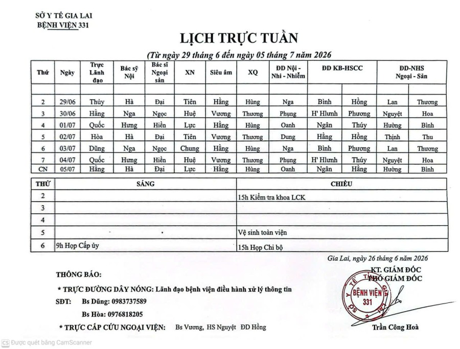 Lịch trực Bệnh viện 331 từ ngày 29/06 đến ngày  05/07/2026