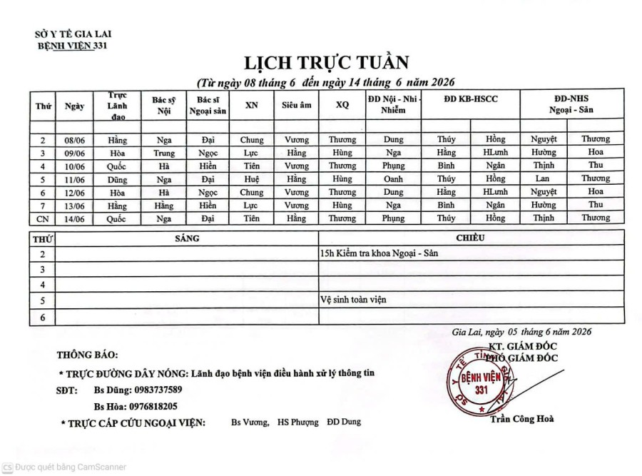 Lịch trực Bệnh viện 331 từ ngày 08/06 đến ngày  14/06//2026