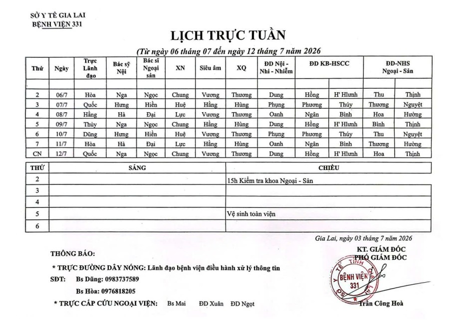 Lịch trực Bệnh viện 331 từ ngày 06/07 đến ngày  12/07/2026