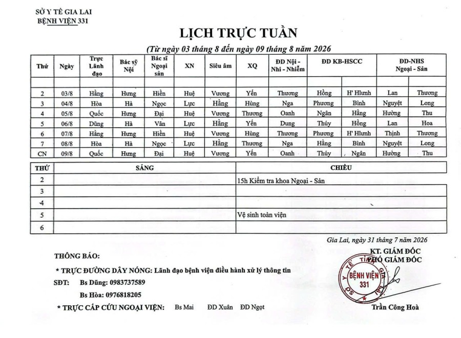 Lịch trực Bệnh viện 331 từ ngày 03/08 đến ngày 09/08/2026