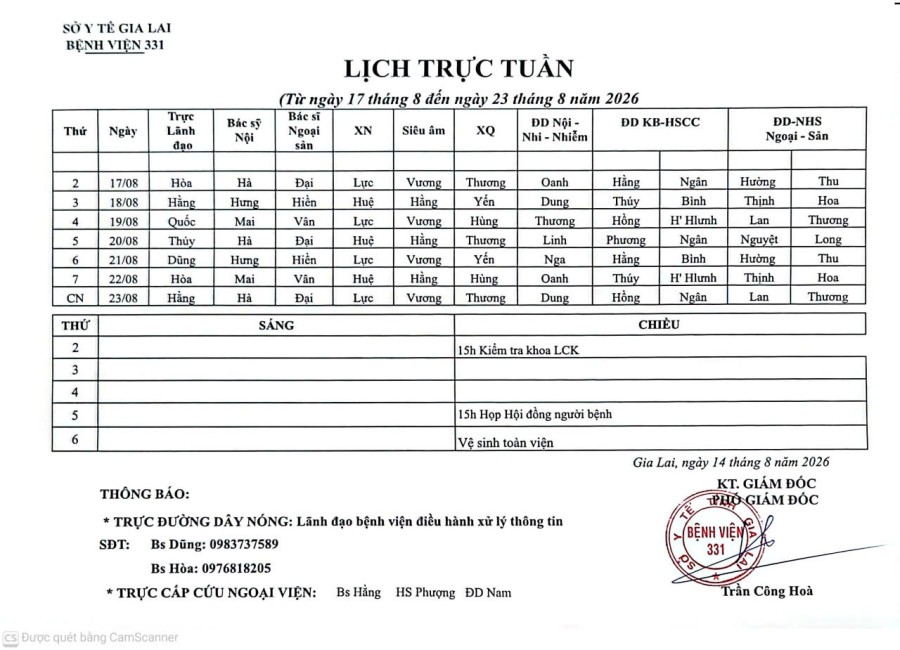 Lịch trực Bệnh viện 331 từ ngày 17/08 đến ngày 23/08/2026