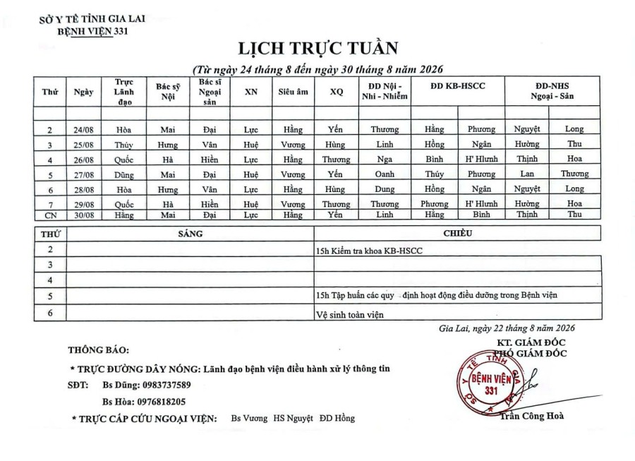 Lịch trực Bệnh viện 331 từ ngày 24/08 đến ngày 30/08/2026