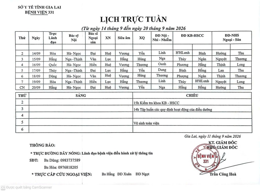 Lịch trực Bệnh viện 331 từ ngày 14/09 đến ngày 20/09/2026