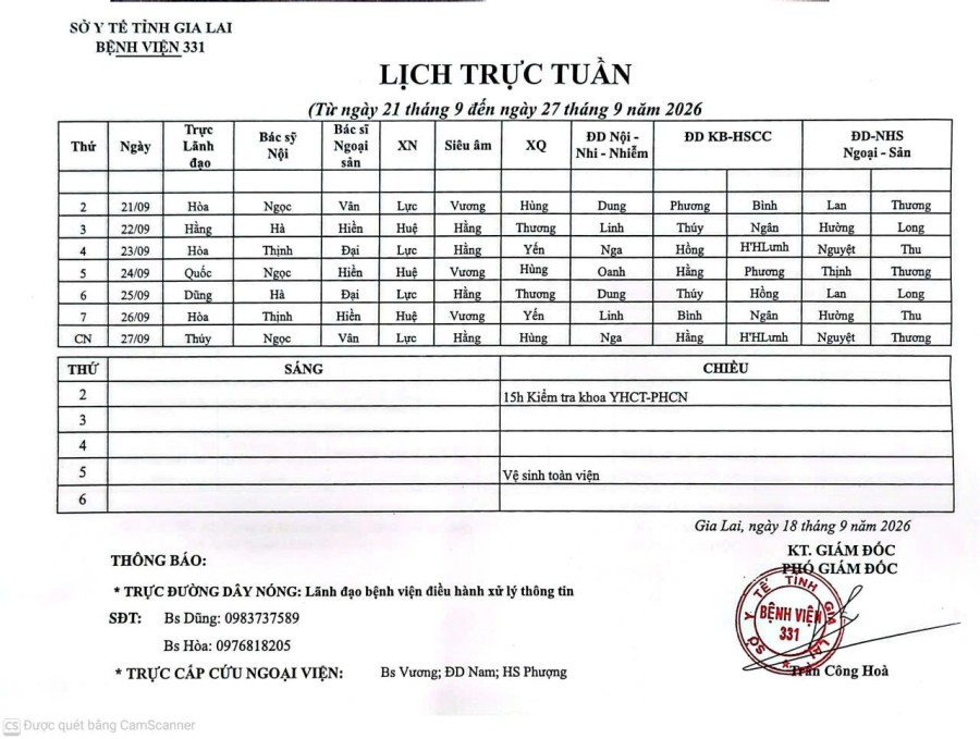 Lịch trực Bệnh viện 331 từ ngày 21/09 đến ngày 27/09/2026