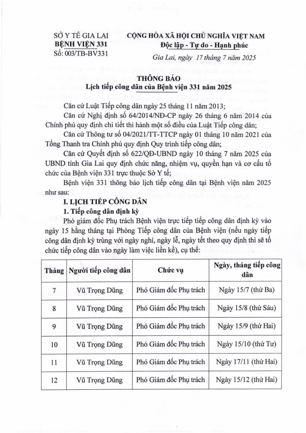 003 Thông báo lịch tiếp công dân của Bệnh viện 331 năm 2025 images 0