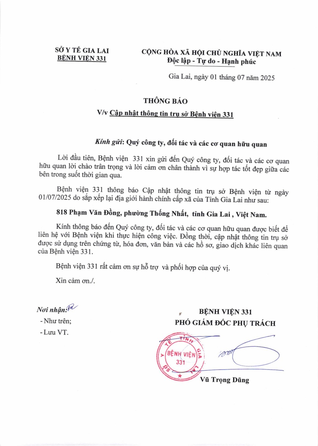 THÔNG BÁO VV CẬP NHẬT THÔNG TIN TRỤ SỞ BỆNH VIỆN 331