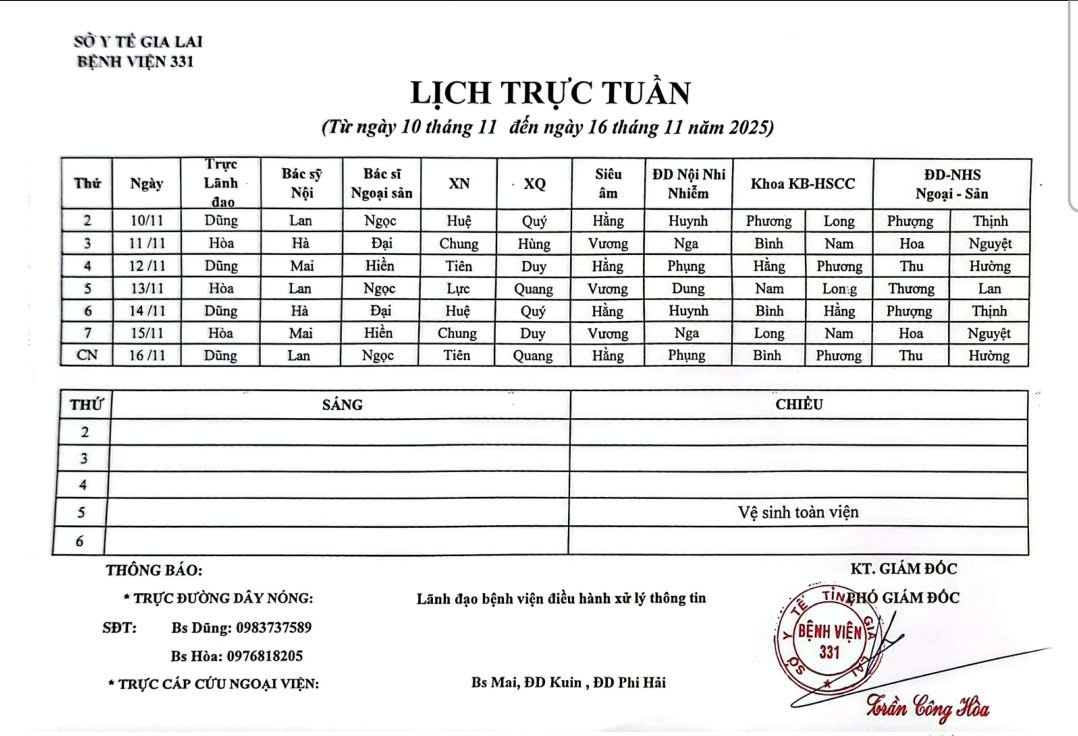 Lịch trực Bệnh viện 331 từ ngày 10/11 đến ngày 16/11/2025