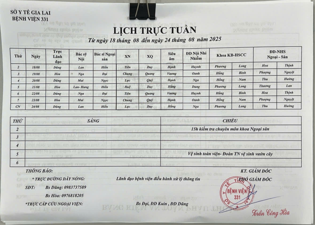 Lịch trực Bệnh viện 331 từ ngày 18/08 đến ngày 24/08/2025