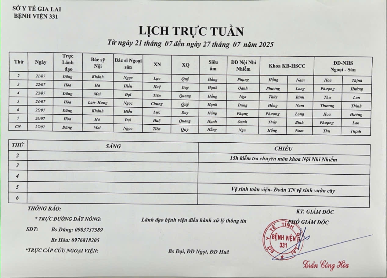 Lịch trực Bệnh viện 331 từ ngày 21/07 đến ngày 27/07/2025