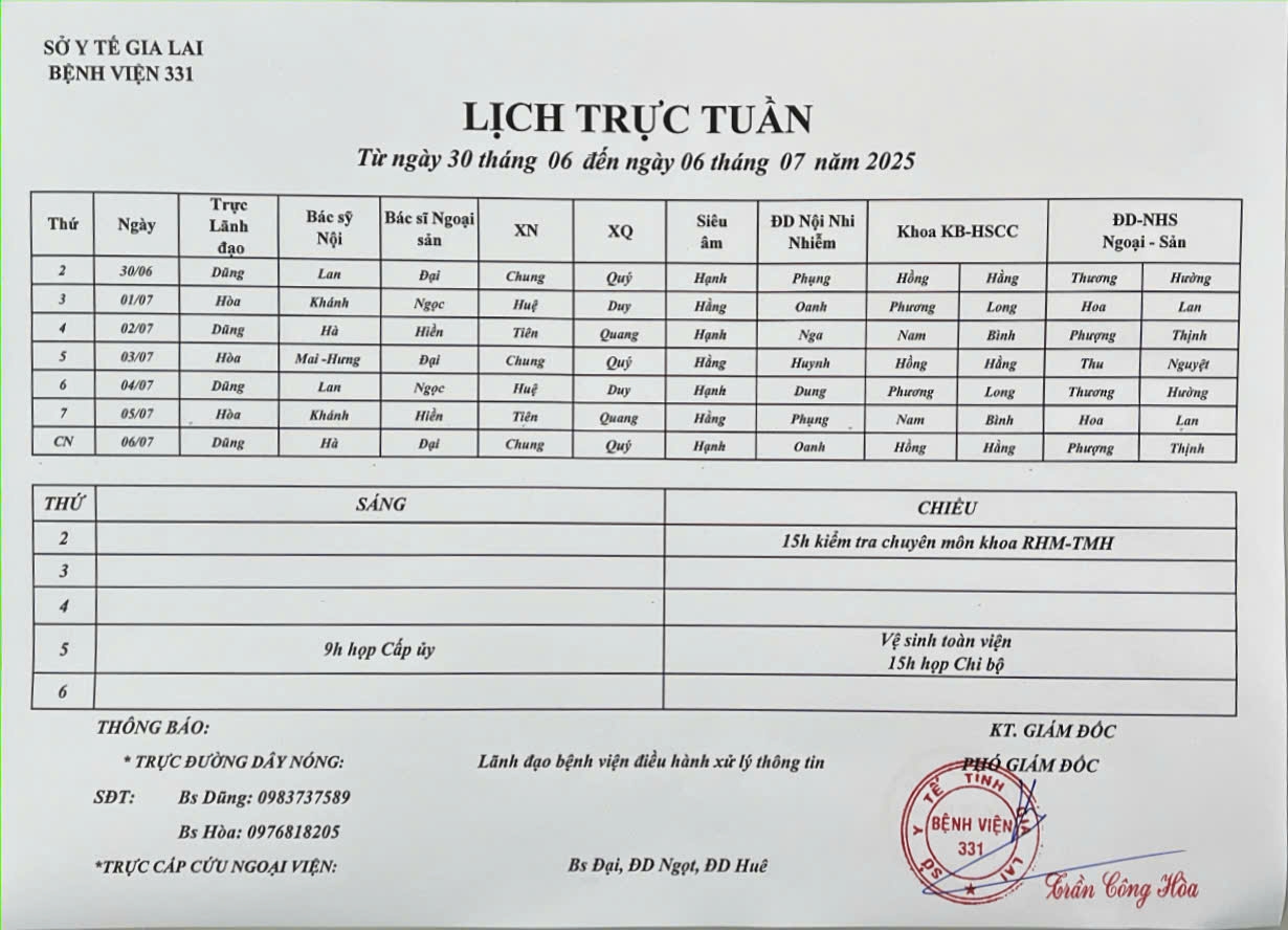 Lịch trực Bệnh viện 331 từ ngày 30/06 đến ngày 06/07/2025