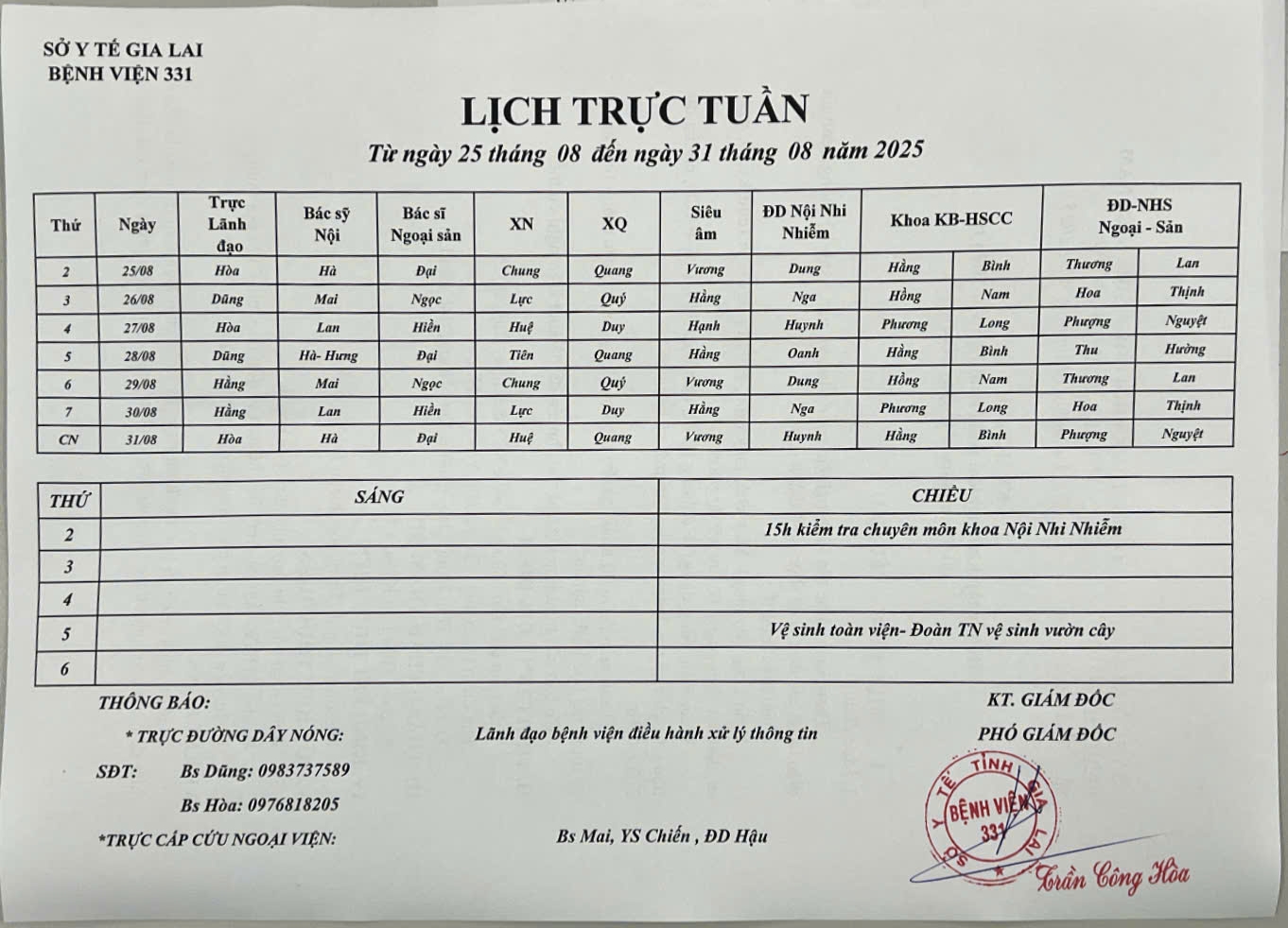 Lịch trực Bệnh viện 331 từ ngày 25/08 đến ngày 31/08/2025