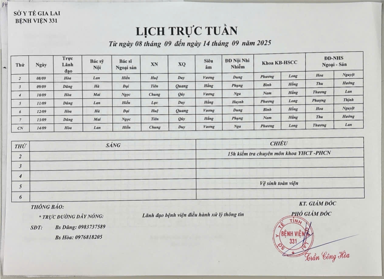 Lịch trực Bệnh viện 331 từ ngày 08/09 đến ngày 14/09/2025