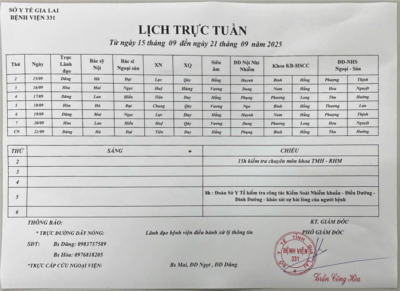 Lịch trực Bệnh viện 331 từ ngày 15/09 đến ngày 21/09/2025