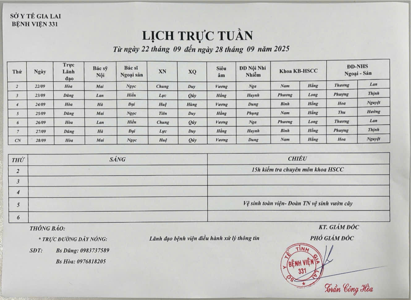 Lịch trực Bệnh viện 331 từ ngày 22/09 đến ngày 28/09/2025