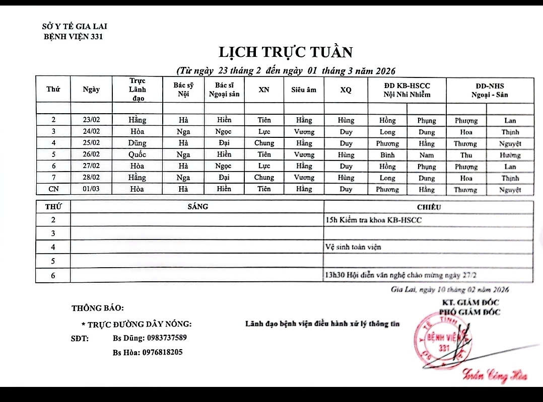 Lịch trực Bệnh viện 331 từ ngày 23/02 đến ngày  01/03//2026